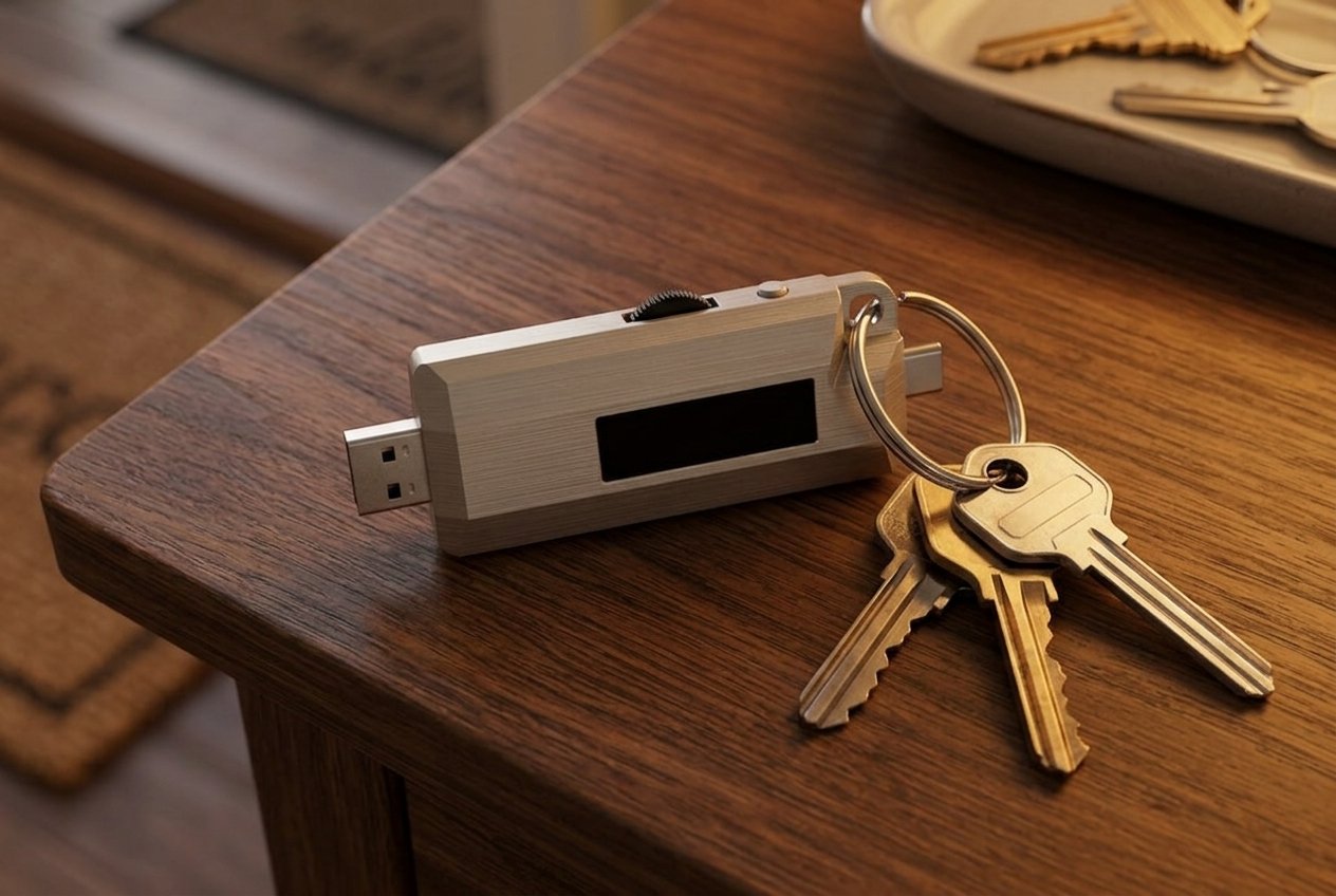 Lomenett hardware password manager on a keyring with house keys on a wooden table, screen off