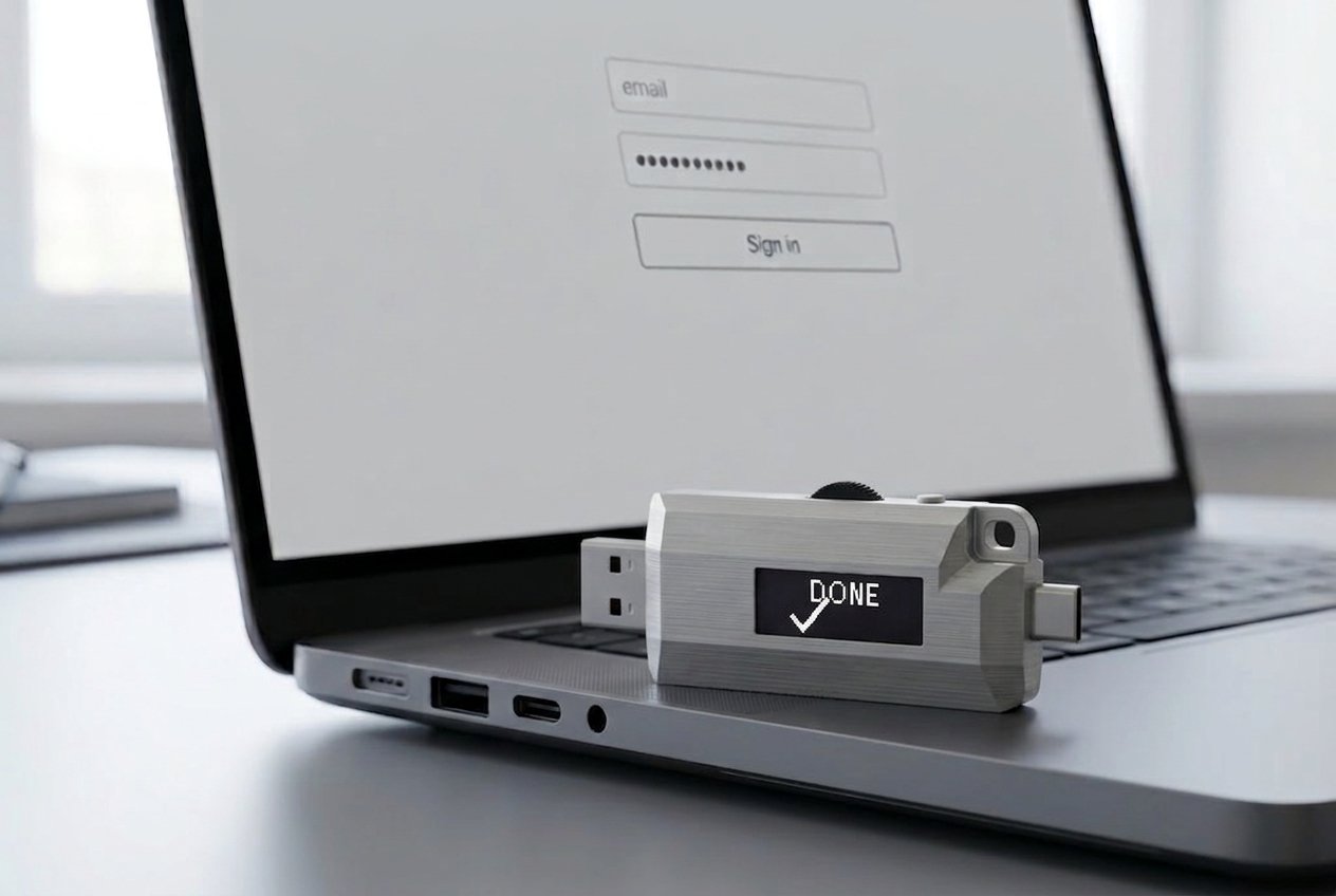 Lomenett offline password typer plugged into a laptop USB-A port, its screen showing DONE after typing a login into a sign-in page