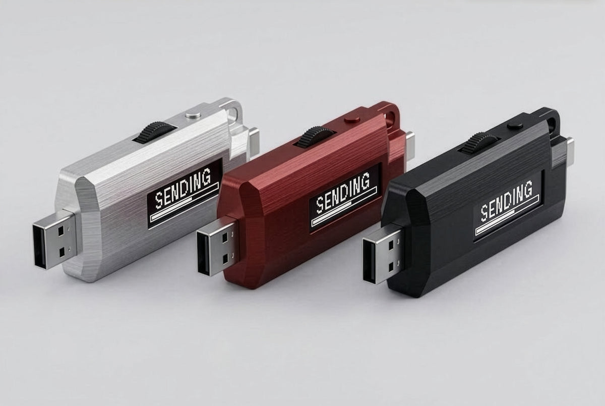 Three Lomenett hardware password managers lined up on a studio sweep in natural aluminum, dried-blood red, and matte black